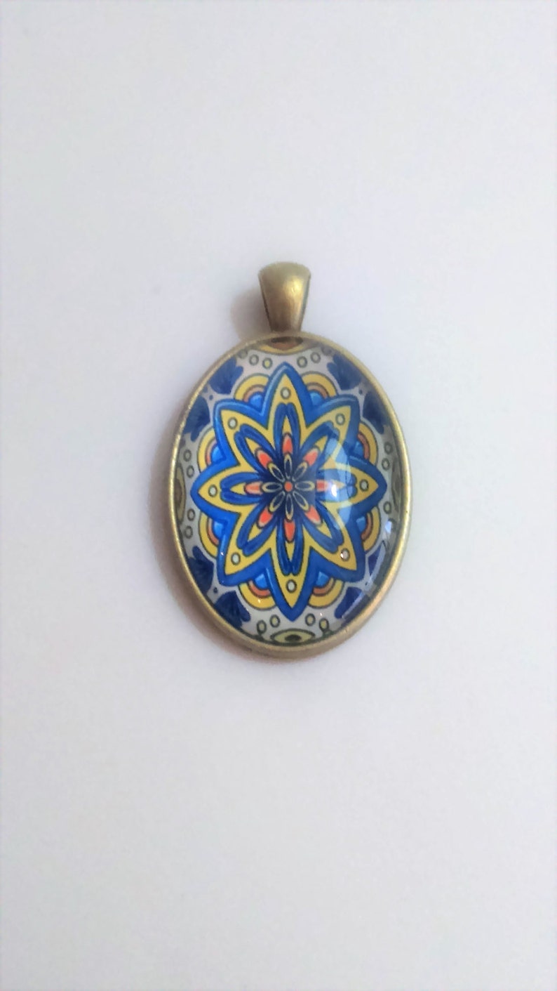 Glass tile pendant azulejo, kaleidoscope pendant mandala pendant portuguese tile like pendants, talavera jewellery, flower geometry supplies image 3