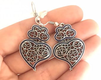 1 Pair of Portuguese filigree earrings, blue decoration silver earrings 3.0 cm, blue flower earrings, Viana's Heart earrings, Portugal