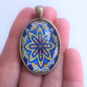 Glass tile pendant azulejo, kaleidoscope pendant mandala pendant portuguese tile like pendants, talavera jewellery, flower geometry supplies image 2