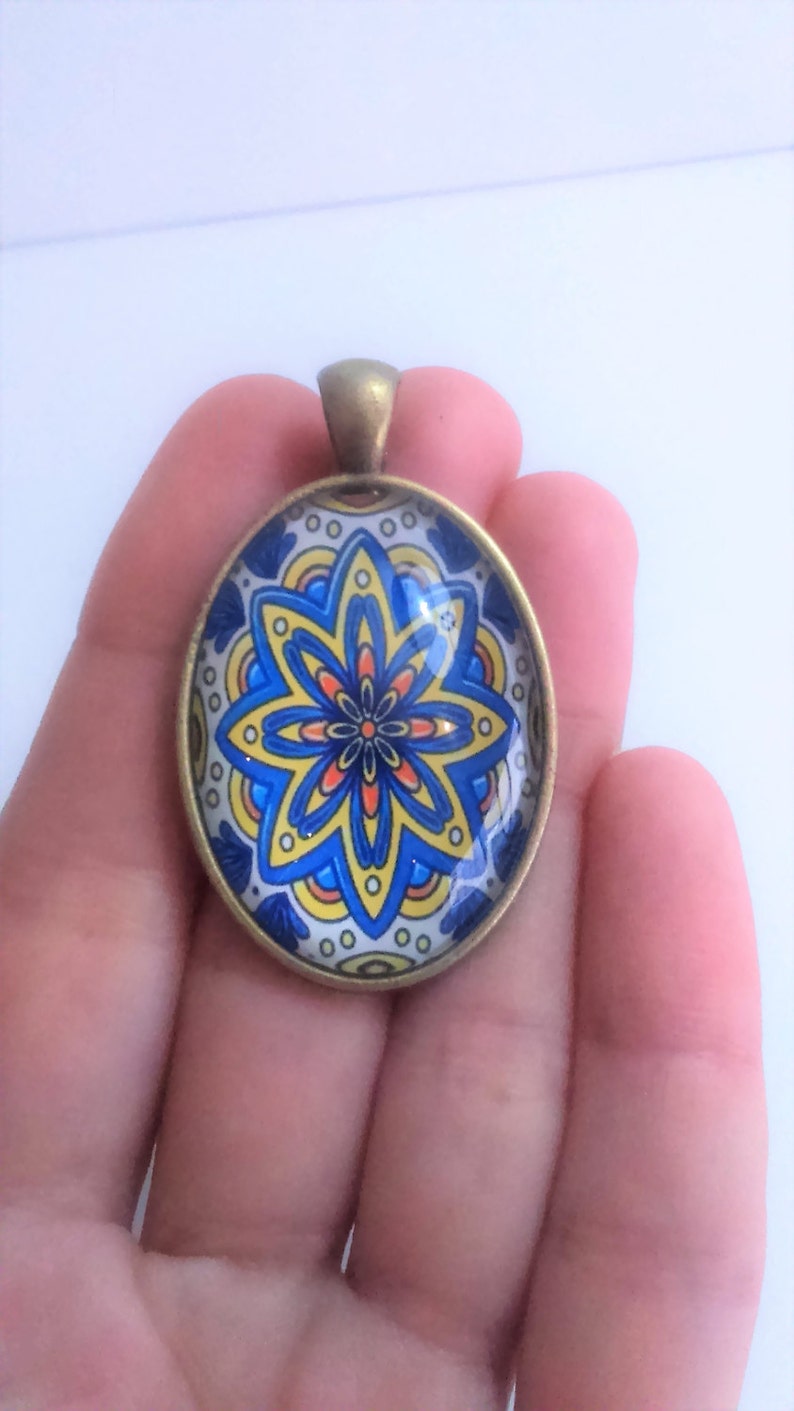 Glass tile pendant azulejo, kaleidoscope pendant mandala pendant portuguese tile like pendants, talavera jewellery, flower geometry supplies image 2