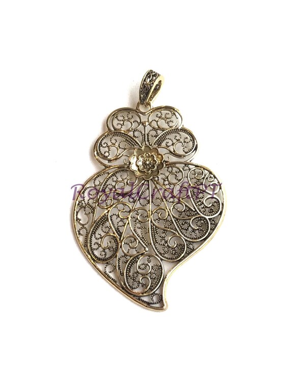 1x Filigree Pendant Bronze Portuguese 7.7 Cm Charm Heart Flower