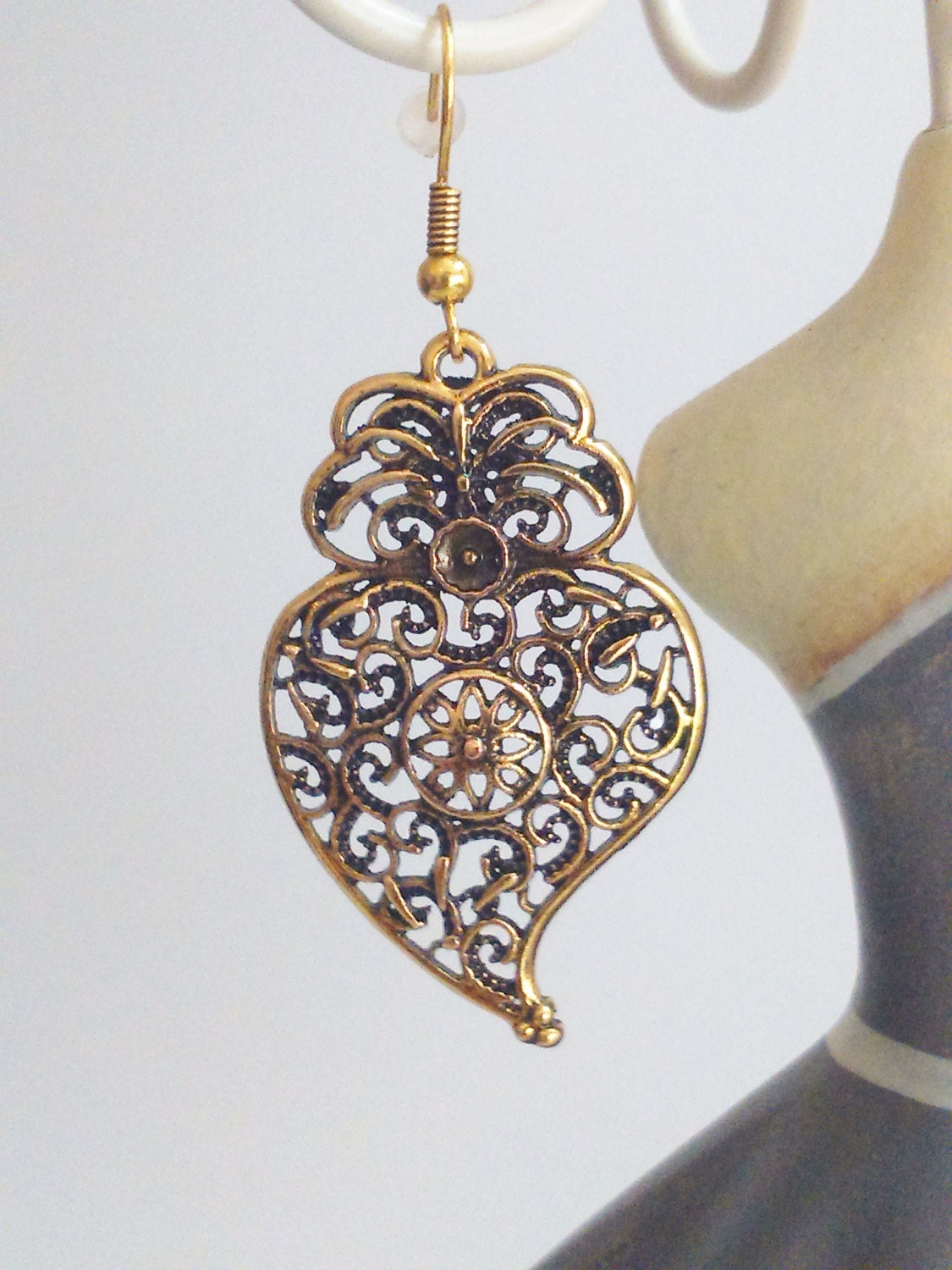 1 Pair of Portuguese filigree earrings bronze brass 4 cm charm heart flower findings Viana Heart earrings