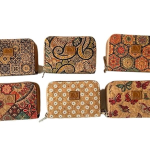 Cork wallet, vegan wallet, cork bag, womens eco-friendly wallet with place for cards and coins, daisy flower pattern, double cork wallet
