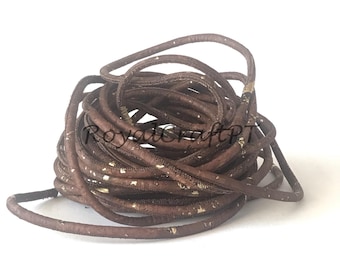 1 meter of cork cord, leather, 5 mm diameter, dark brown color, cork supplies for necklaces and bracelets, cork cord with gold decoration