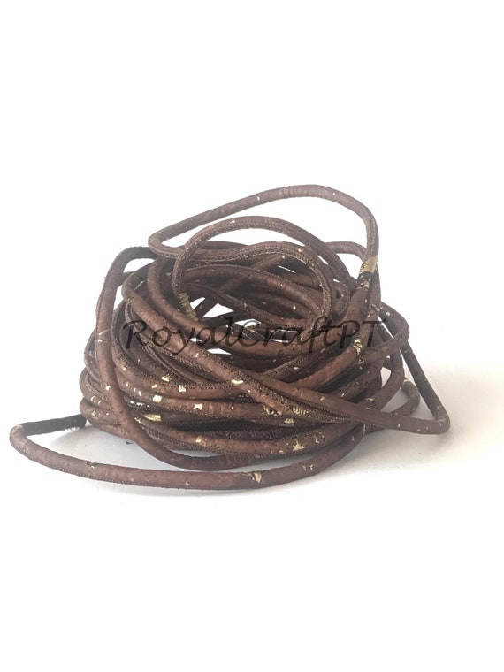 1 meter of cork cord, leather, 5 mm diameter, dark brown color, cork supplies for necklaces and bracelets, cork cord with gold decoration