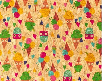 Cork fabric, cork leather 50 x 68 cm portuguese product, green product, ice cream pattern, high quality fabric for projects, funny cork