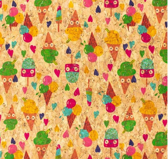 Cork fabric, cork leather 50 x 68 cm portuguese product, green product, ice cream pattern, high quality fabric for projects, funny cork