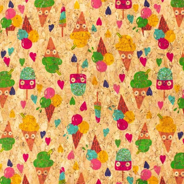 Cork fabric, cork leather 50 x 68 cm portuguese product, green product, ice cream pattern, high quality fabric for projects, funny cork