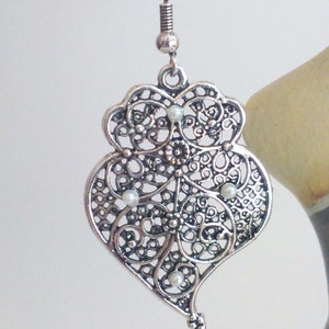 1 Pair of Portuguese filigree earrings, silver 3,5 cm charm heart flower findings Viana Heart earrings, pearls decoration