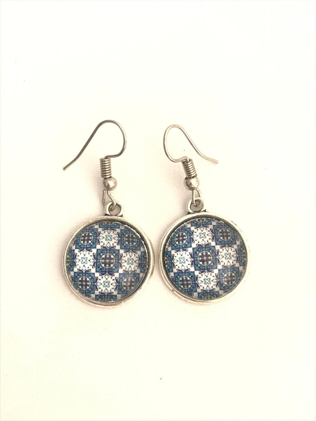 Round Glass Tile Earrings Azulejo Glass Mosaics Pendant Etsy