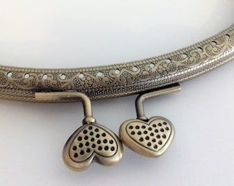 1 bronze metal purse frame with sewing holes 16 cm, supplies, heart decoration, coin purse frame, frame for lady's purse