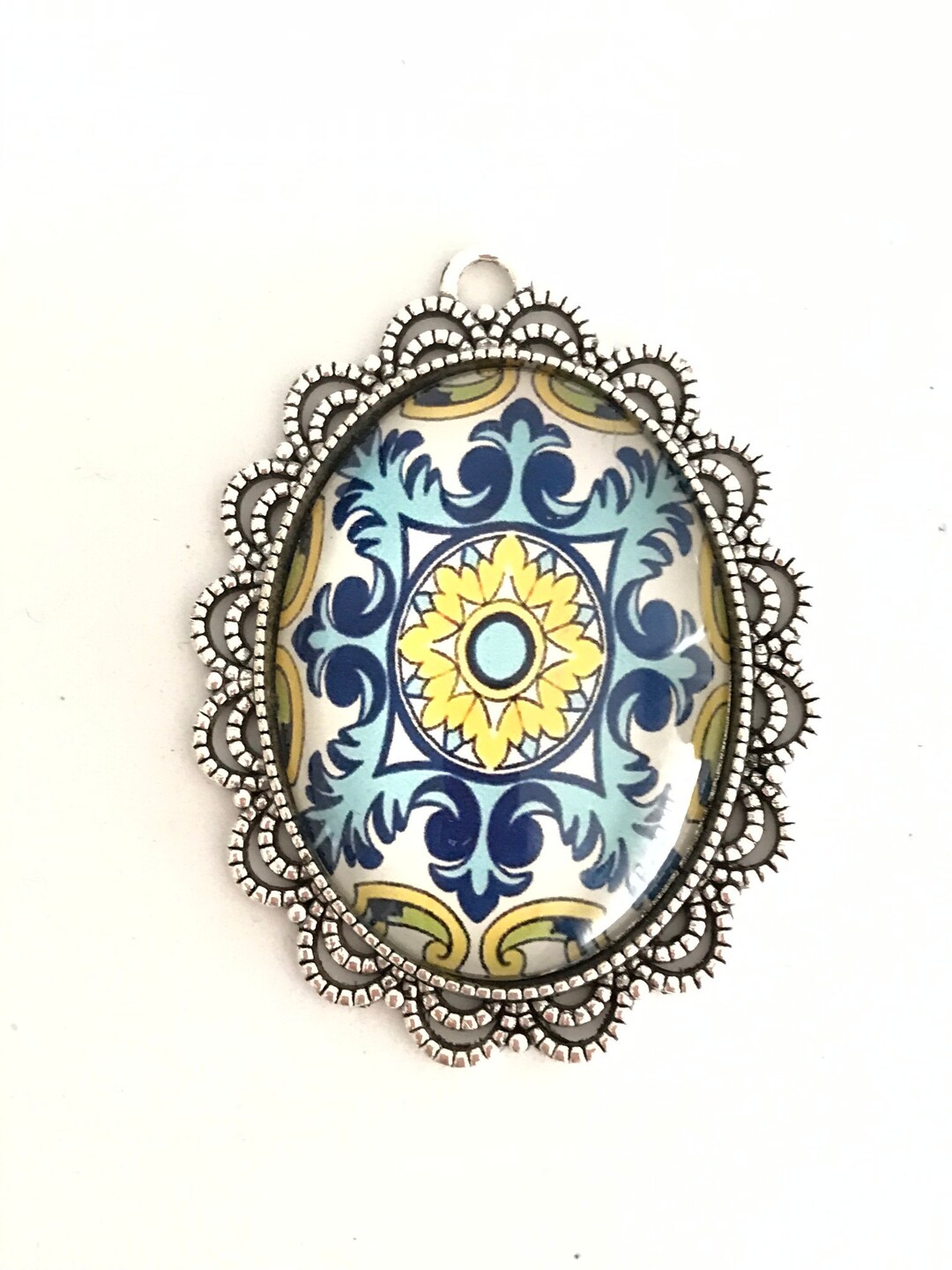 Oval Glass Tile Pendant, Azulejos, Glass Pendant, Glass Cabochon