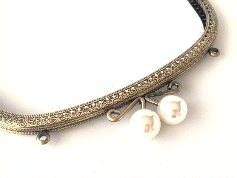 1 bronze metal purse frame with sewing holes 21 cm, supplies, coin purse frame, white pearl decoration, pearl purse clasps, premium purse image 2