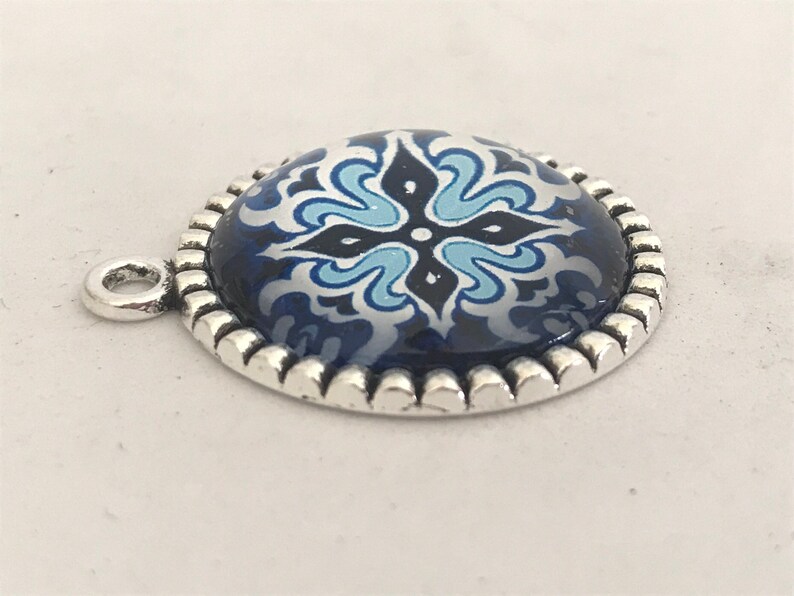 Round glass tile pendant, kaleidoscope pendant, star majolica pendant, talavera jewelry, portuguese tile pendant, Portugal, tile art jewelry image 6