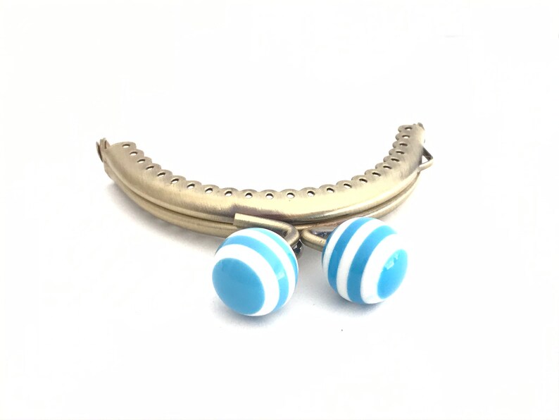 Metal purse frame with sewing holes 8,50 cm bronze supplies purse clasp, coin purse frame, white and blue ball decoration, cute coin purse image 2