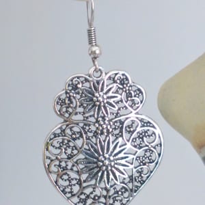 1 Pair of Portuguese filigree earrings silver 3,5 cm charm heart flower findings Viana Heart earrings