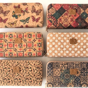Portefeuille en liège, portefeuille double en liège, portefeuille écologique pour femmes avec place pour cartes et pièces de monnaie, motif talavera, portefeuille en liège en tuiles portugaises