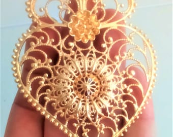 Filigree pendant gold portuguese 8 cm charm heart flower findings supplies, gold pendant, viana's heart for necklace, gold filigree supplies
