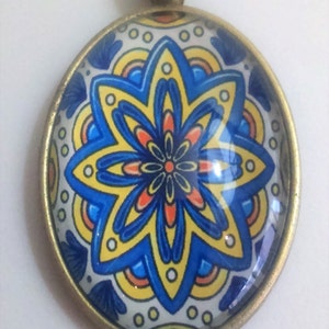 Glass tile pendant azulejo, kaleidoscope pendant mandala pendant portuguese tile like pendants, talavera jewellery, flower geometry supplies image 1