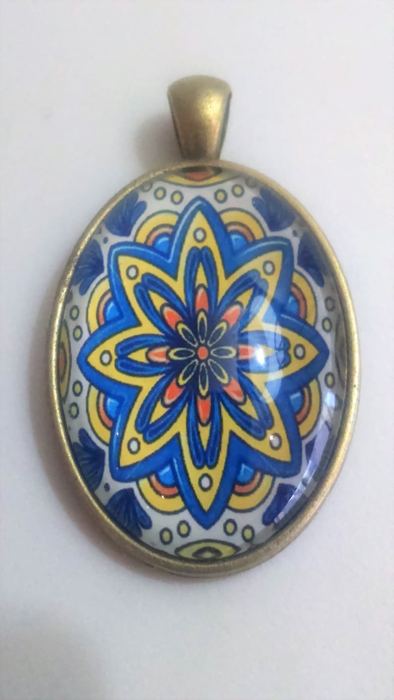 Glass tile pendant azulejo, kaleidoscope pendant mandala pendant portuguese tile like pendants, talavera jewellery, flower geometry supplies image 1