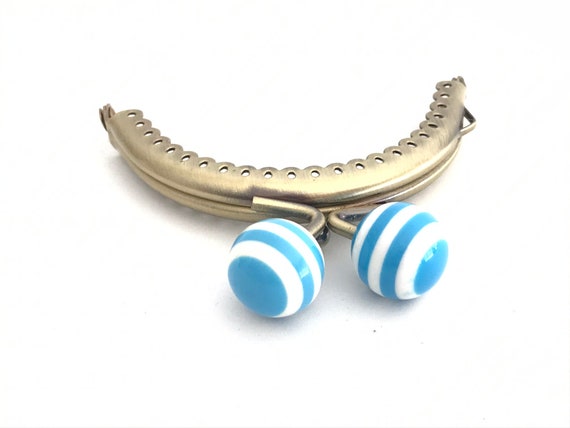 Metal purse frame with sewing holes 8,50 cm bronze supplies purse clasp, coin purse frame, white and blue ball decoration, cute coin purse