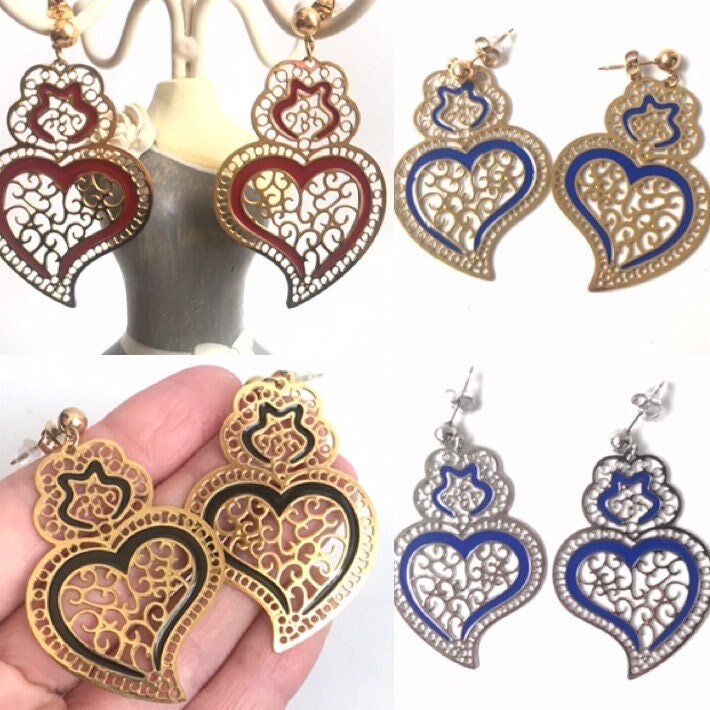 Viana's hearts earrings, portuguese filigree earrings, traditional filigree Portugal heart of Viana, Love earrings stainless steel