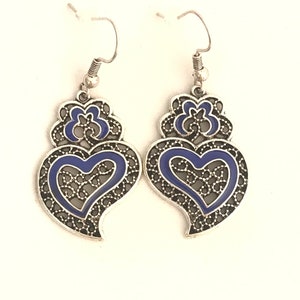 1 Pair of Portuguese filigree earrings, blue decoration silver earrings 3.0 cm, blue flower earrings, Viana's Heart earrings, Portugal image 3