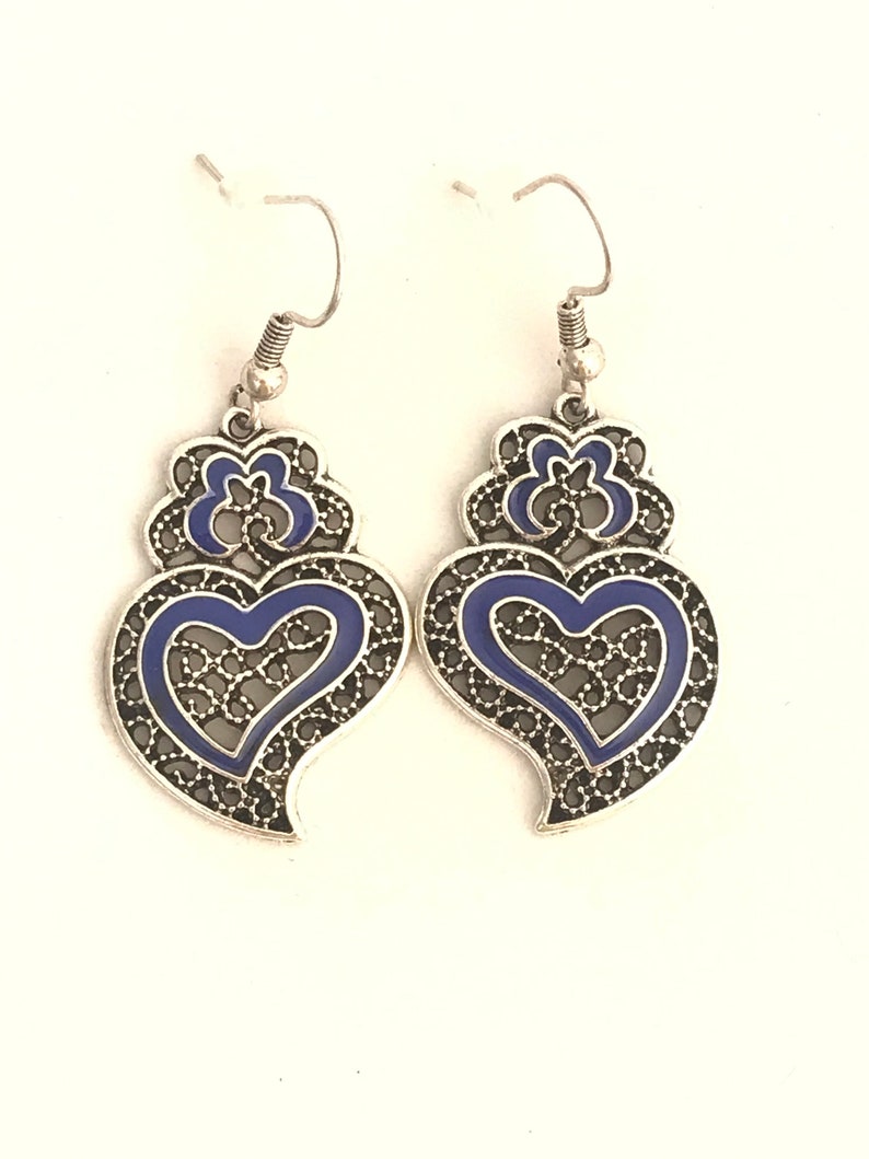 1 Pair of Portuguese filigree earrings, blue decoration silver earrings 3.0 cm, blue flower earrings, Viana's Heart earrings, Portugal image 3