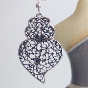 1 Pair of Portuguese filigree earrings silver 4 cm, charm heart flower findings Viana Heart earrings