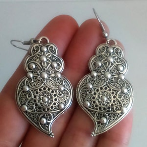 1 Pair of Portuguese filigree earrings silver 4.3 cm charm heart flower findings Viana Heart earrings, portuguese traditional jewellery