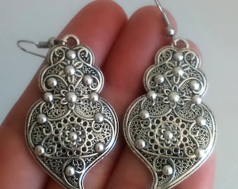 1 Pair of Portuguese filigree earrings silver 4.3 cm charm heart flower findings Viana Heart earrings, portuguese traditional jewellery