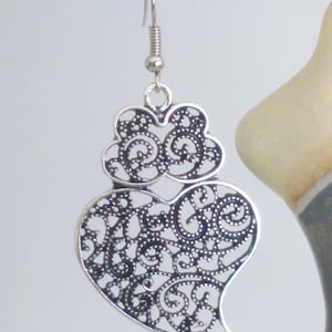 1 Pair of Portuguese filigree earrings silver 4 cm charm heart flower findings Viana Heart earrings