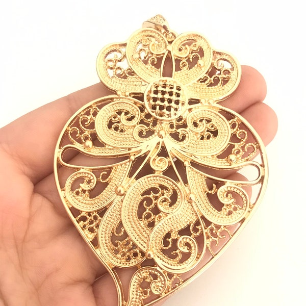 Filigree pendant gold portuguese 8 cm charm heart flower findings supplies, portuguese jewelry, viana's heart, pendant from Portugal