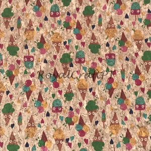 May include: A cork fabric with a repeating pattern of ice cream cones, popsicles, and hearts. The ice cream cones and popsicles have faces and are in various colors, including green, blue, yellow, and pink.