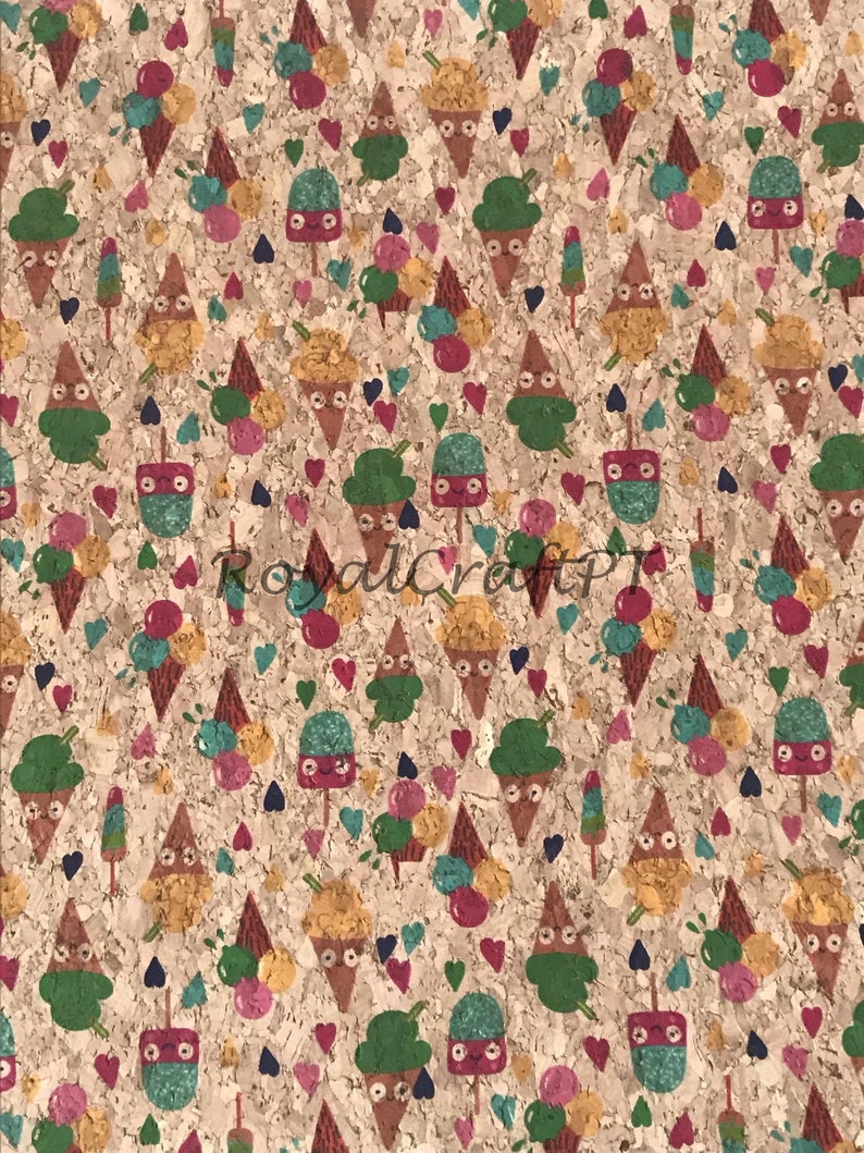 May include: A cork fabric with a repeating pattern of ice cream cones, popsicles, and hearts. The ice cream cones and popsicles have faces and are in various colors, including green, blue, yellow, and pink.