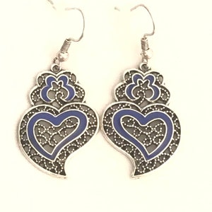 1 Pair of Portuguese filigree earrings, blue decoration silver earrings 3.0 cm, blue flower earrings, Viana's Heart earrings, Portugal image 5