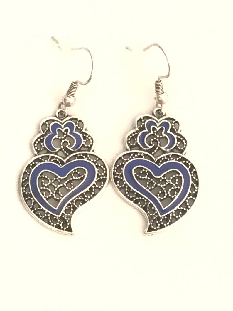 1 Pair of Portuguese filigree earrings, blue decoration silver earrings 3.0 cm, blue flower earrings, Viana's Heart earrings, Portugal image 5