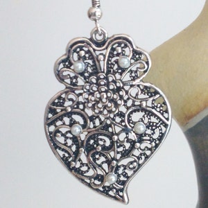 1 Pair of Portuguese filigree earrings silver 3,5 cm charm heart flower findings Viana Heart earrings, pearls decoration