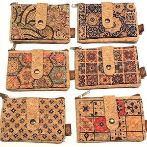Cork wallet, vegan wallet, cork bag, womens eco-friendly wallet with place for cards and coins, geometric pattern, portuguese cork wallet