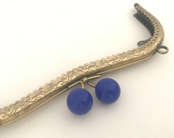 1 bronze metal purse frame with sewing holes 20.5 20,5 cm, big dark blue ball decoration, curved coin purse frame, frame for lady's purse