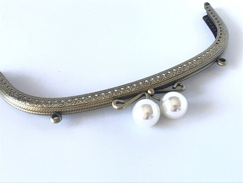 1 bronze metal purse frame with sewing holes 21 cm, supplies, coin purse frame, white pearl decoration, pearl purse clasps, premium purse image 6