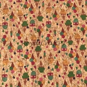May include: A cork fabric with a repeating pattern of ice cream cones, popsicles, and cherries. The ice cream cones and popsicles have faces and are in shades of green, yellow, and red. The background is a light brown cork.