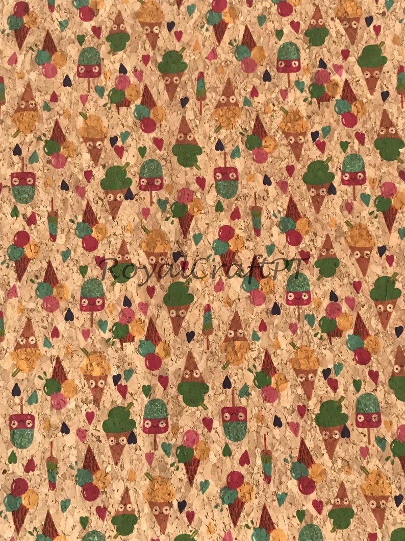 May include: A cork fabric with a repeating pattern of ice cream cones, popsicles, and cherries. The ice cream cones and popsicles have faces and are in shades of green, yellow, and red. The background is a light brown cork.