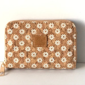 Cartera de corcho, cartera vegana, bolso de corcho, cartera ecológica de mujer con lugar para tarjetas y monedas, estampado de flores de margarita, cartera de corcho portuguesa