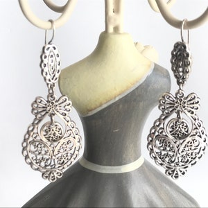 Portuguese filigree earrings 5.3 cm charm, 1 Pair of silver earrings, heart flower findings, Viana Heart earrings
