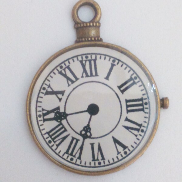 Clock pocket watch pendant bronze brass white 40 mm charm findings supplies necklace