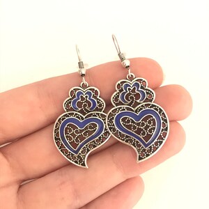 1 Pair of Portuguese filigree earrings, blue decoration silver earrings 3.0 cm, blue flower earrings, Viana's Heart earrings, Portugal image 4