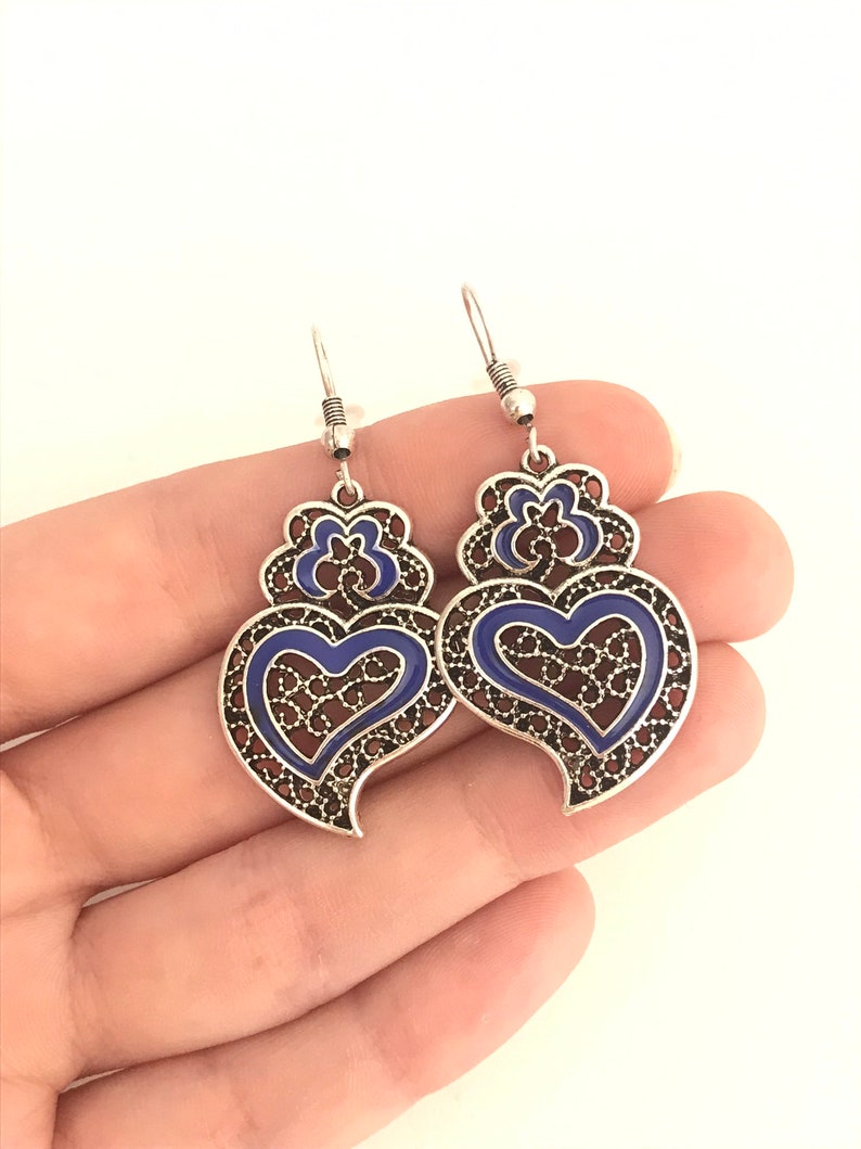 1 Pair of Portuguese filigree earrings, blue decoration silver earrings 3.0 cm, blue flower earrings, Viana's Heart earrings, Portugal image 4