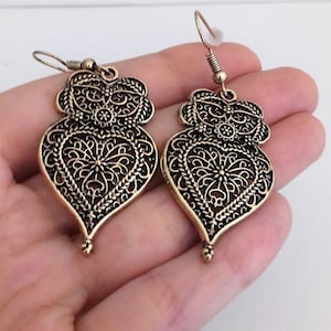 1 Pair of Portuguese filigree earrings bronze 4.0 cm heart flower findings Viana Heart earrings, portuguese traditional jewellery Portugal