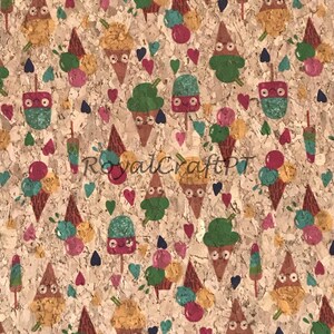 May include: A corkboard background with a repeating pattern of ice cream cones, popsicles, and cherries. The ice cream cones and popsicles have cartoon faces with googly eyes. The colors are bright and cheerful, including green, blue, yellow, red, and pink.